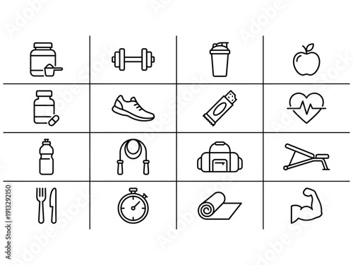 Fitness and healthy lifestyle icons including dumbbells, shaker bottle, apple, running shoes, protein bar, and yoga mat.