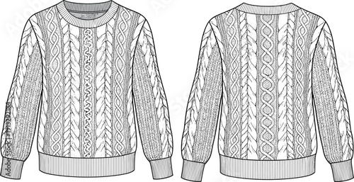 Fashion technical flat sketch of a heavy cable knit sweater with ribbed crew neck and cuffs for winter apparel templates