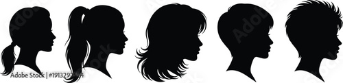 Collection of Five Black and White Female Profile Silhouettes Featuring Diverse Hairstyles Including Ponytail Short Pixie Cut and Long Layered Hair for Beauty Salon Graphics