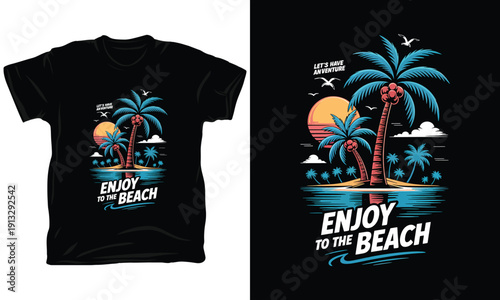 Enjoy the Beach Retro Tropical Sunset Palm Tree Illustration