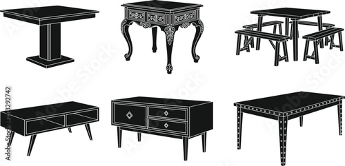 Set of black table silhouettes including vintage console modern coffee table and outdoor picnic bench for interior design and architectural icons