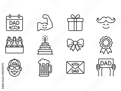 Father's Day icon set featuring dad-related symbols like calendar, muscle arm, gift, mustache, beer mug, and cake for celebration.
