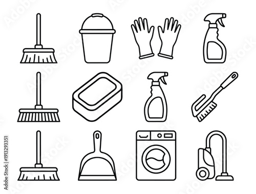Essential cleaning supplies icon set, including brooms, bucket, gloves, spray bottles, soap, dustpan, washer, and vacuum cleaner.