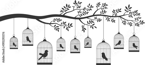 PrintElegant black silhouette illustration of various birds in vintage cages hanging from a leafy tree branch isolated on white background for wall decor design.