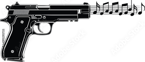 Conceptual Vector Illustration of a Black and White Handgun Firing Musical Notes on a Staff Representing the Power of Music and Creative Peace Expression