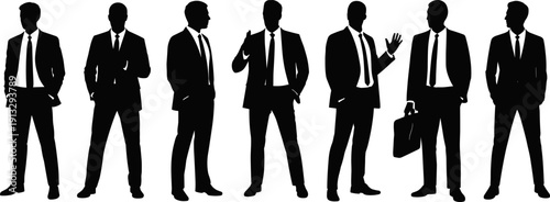 Professional black and white vector silhouettes of diverse business men in formal suits standing in various poses isolated on a plain white background.