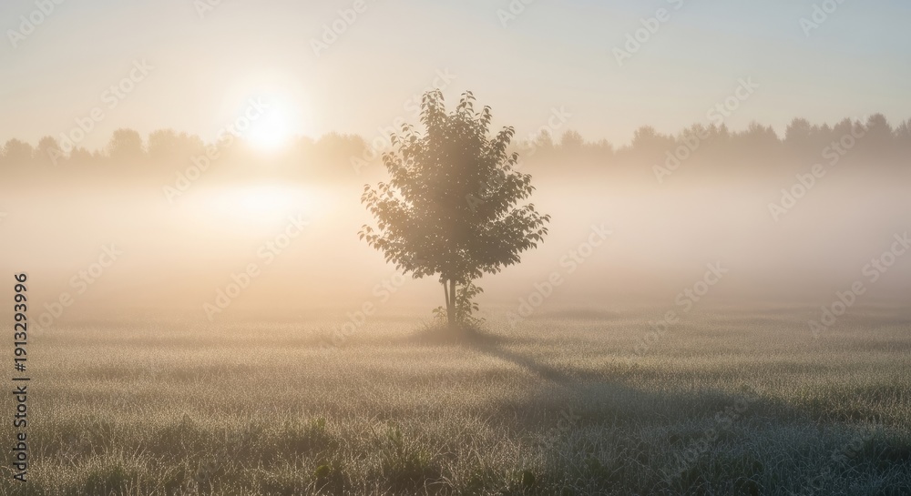 Obraz premium Solitary tree emerges from morning mist under gentle sunrise.
