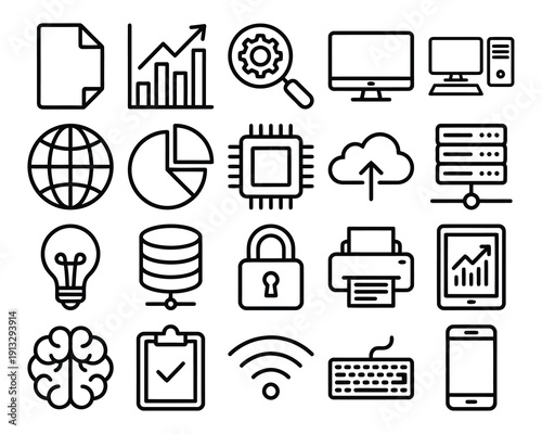 Data and technology icons: document, graph, settings, monitor, computer, globe, pie chart, CPU, cloud upload, server, lightbulb, database, lock, printer, tablet, brain, checklist, Wi-Fi, keyboard, sma
