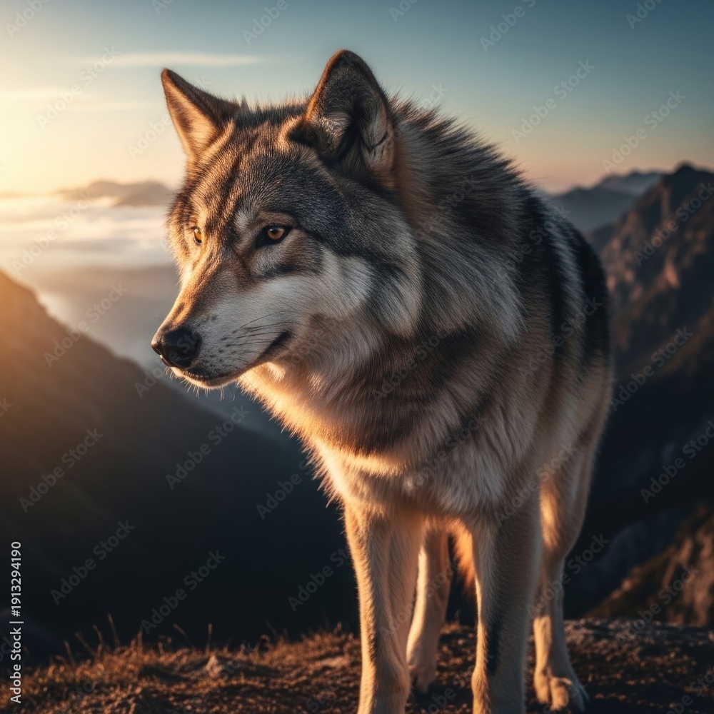 Obraz premium Majestic wild wolf standing on ridge at sunset in rugged mountains.