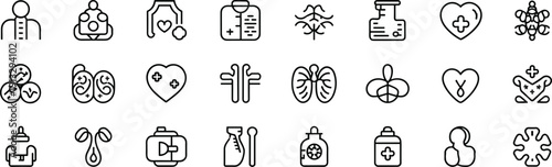 Virus and infection icons for disease, immunity, healthcare, respiratory system, germs, organs, medicine, vaccines, treatment, and prevention
