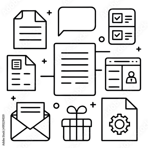 office document icons, colorful paper sheets, notebook, printer, and file stack, minimal design, bold black outlines, soft pastel colors,