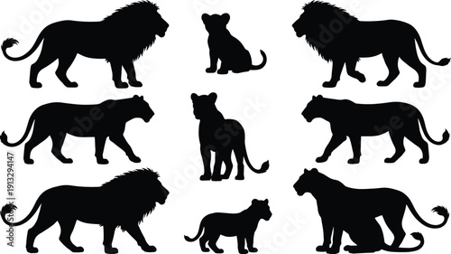 Lion Silhouette Collection Featuring Male Female and Cub Poses, African Wildlife Big Cat Set Isolated on White Background for Safari Design