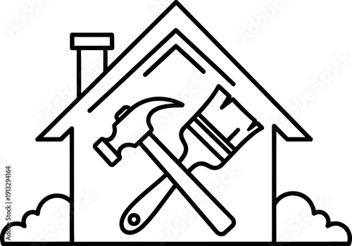 House with crossed hammer and paintbrush icon for home repair and renovation services
