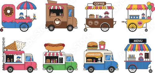 Colorful, cartoon, food, trucks, collection, street, vendors, coffee, donut, ice, cream, hotdog, hamburger, menu, kiosks, market, festival, illustration, vector, set