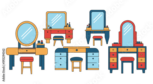 Dressing Table Line art vector set modern soft tone illustration