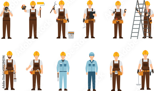 Construction, workers, collection, builders, engineer, handyman, tools, helmet, uniform, repair, maintenance, industry, labor, profession, occupation, illustration, vector, set, characters, icons
