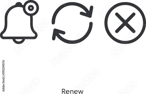 Flat minimal vector UI icons for subscriptions (bell, renew, cancel)