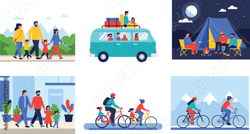 Happy family travel adventure collection, parents children walking, road trip van vacation, camping night scene, lifestyle, cycling mountain biking illustration