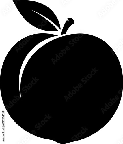 A black silhouette of a peach with a leaf on a white background