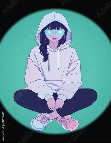 Modern teen girl in oversized hoodie and reflective glasses sitting cross legged, aesthetic urban youth vector illustration with neon circle background, cool street style character design.