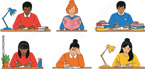Students studying and reading books, focused learning, homework, education concept, school study time, knowledge development, concentration, academic preparation, isolated vector illustration set