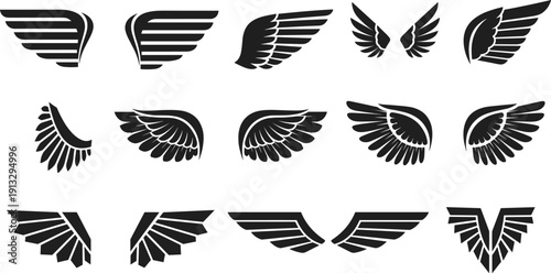 Wings, silhouettes, collection, bird, feather, flight, angel, emblem, symbol, tattoo, design, black, icons, set, illustration, vector, logo, decorative, shapes, elements