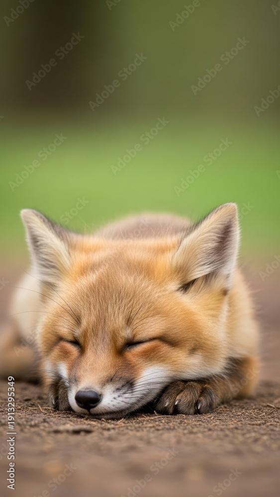 Fototapeta premium Young red fox peacefully sleeping on dirt path in sunny woodland.