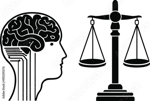 Minimal black and white vector illustration of artificial intelligence brain on one side and justice scale on the other, clean bold outline, flat design, isolated on white background