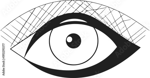  Minimal black and white vector illustration of eye with digital scanning lines 1