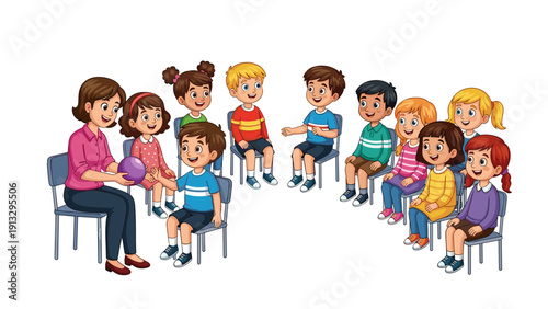 Diverse children group sitting with teacher in classroom learning education