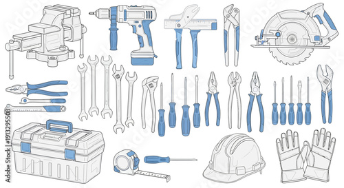 Collection of various tools and equipment for carpentry and construction work displayed