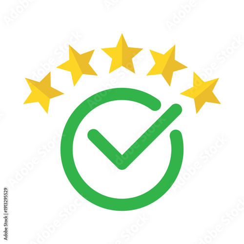 Five star rating with green check mark icon customer satisfaction feedback quality approval success symbol premium service evaluation concept