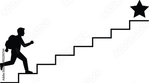 Silhouette of Man Climbing Stairs Toward Star Symbolizing Success, Career Growth and Achievement Goal Concept Illustration Isolated on White Background
