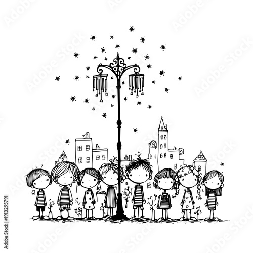 Group of children standing together looking up at stars coming from a street lamp in a whimsical cityscape illustration