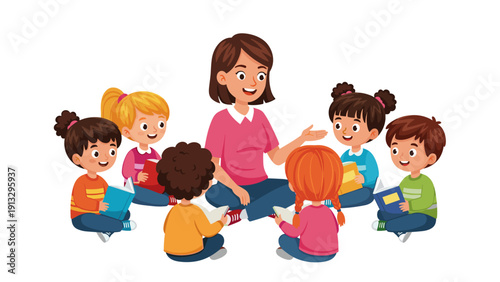 Diverse children group learning together in circle with teacher happy classroom