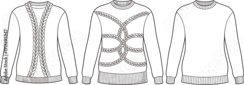 Flat vector CAD drawing of women’s knit sweaters with braided cable design, ribbed cuffs and hem, front and back view illustration