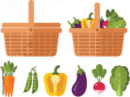 Flat vector illustration set of wicker baskets filled with fresh vegetables including carrots peas bell pepper eggplant radish and lettuce.