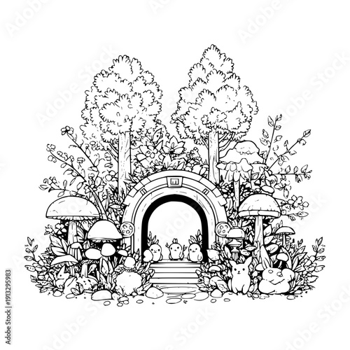 Whimsical fantasy illustration of a mystical archway surrounded by lush foliage and giant mushrooms inviting exploration and adventure in a magical forest setting