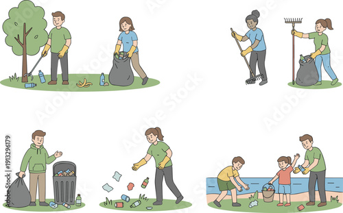 Diverse people volunteering for environmental protection by picking up trash recycling waste and cleaning nature parks and beaches.