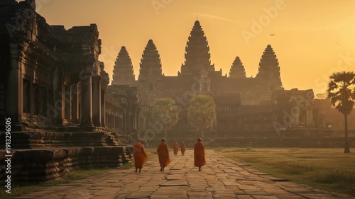 Sunrise Monks Walking Angkor Wat Cambodia Ancient Temple Architecture.