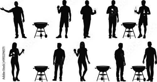 Barbecue party silhouettes collection, people grilling, holding drinks, social gathering, outdoor cooking, friends and family, isolated black figures, summer celebration set