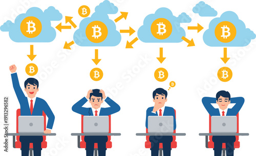 Bitcoin cloud mining vector illustration, cryptocurrency investment concept, digital finance, blockchain technology, online earning, business success and failure, crypto workflow diagram design