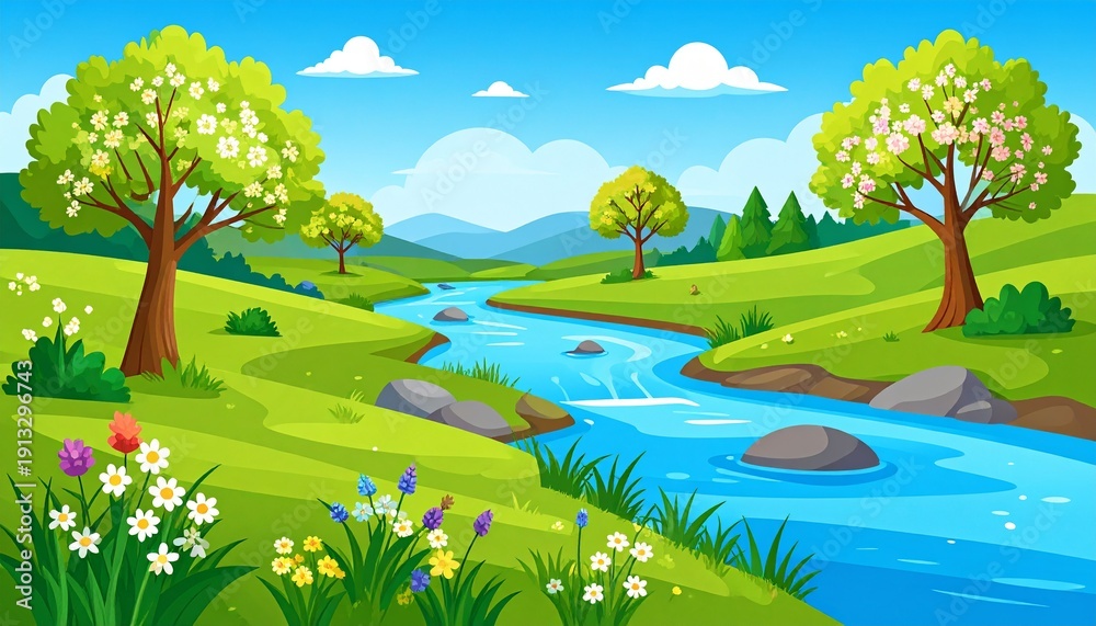 Naklejka premium Serene countryside landscape with river, blooming meadow, and trees under sunny sky