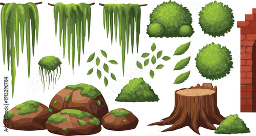 Cartoon forest elements, mossy rocks, green leaves, hanging vines, bushes, tree stump, brick wall, nature design set, illustration isolated vector