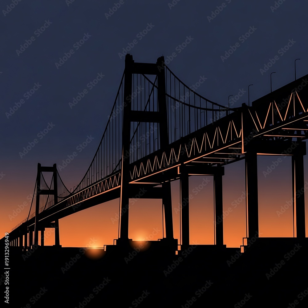 Fototapeta premium Silhouette of suspension bridge at sunset.