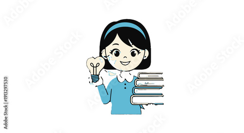 Happy young woman, possibly a teacher or student, presenting an idea with a lightbulb and a stack of books, symbolizing intelligence and insight on isolated white background.