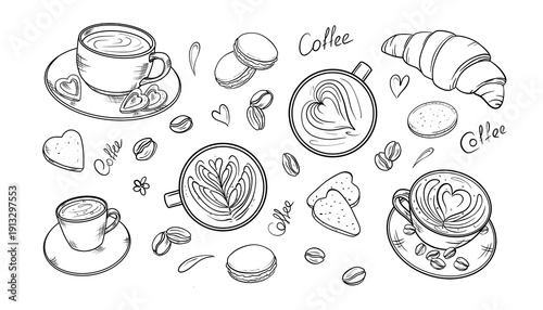 Coffee and sweets line art style elements set Isolated on white background .