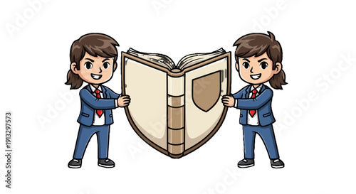 Happy young students, a boy and a girl in school uniforms, collaboratively holding a large open book, demonstrating teamwork and learning on isolated white background.