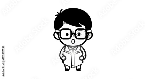 Focused young boy student wearing glasses and reading an open book, studious and thoughtful on isolated white background, monochrome outline.