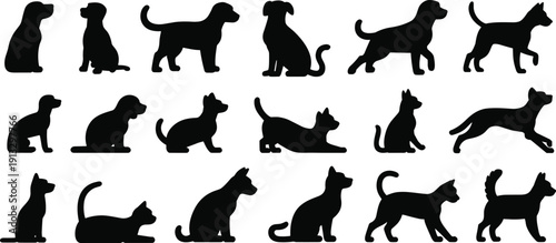 Dog silhouette collection set, puppy pet poses isolated, black animal shapes, modern flat vector illustration pack design style